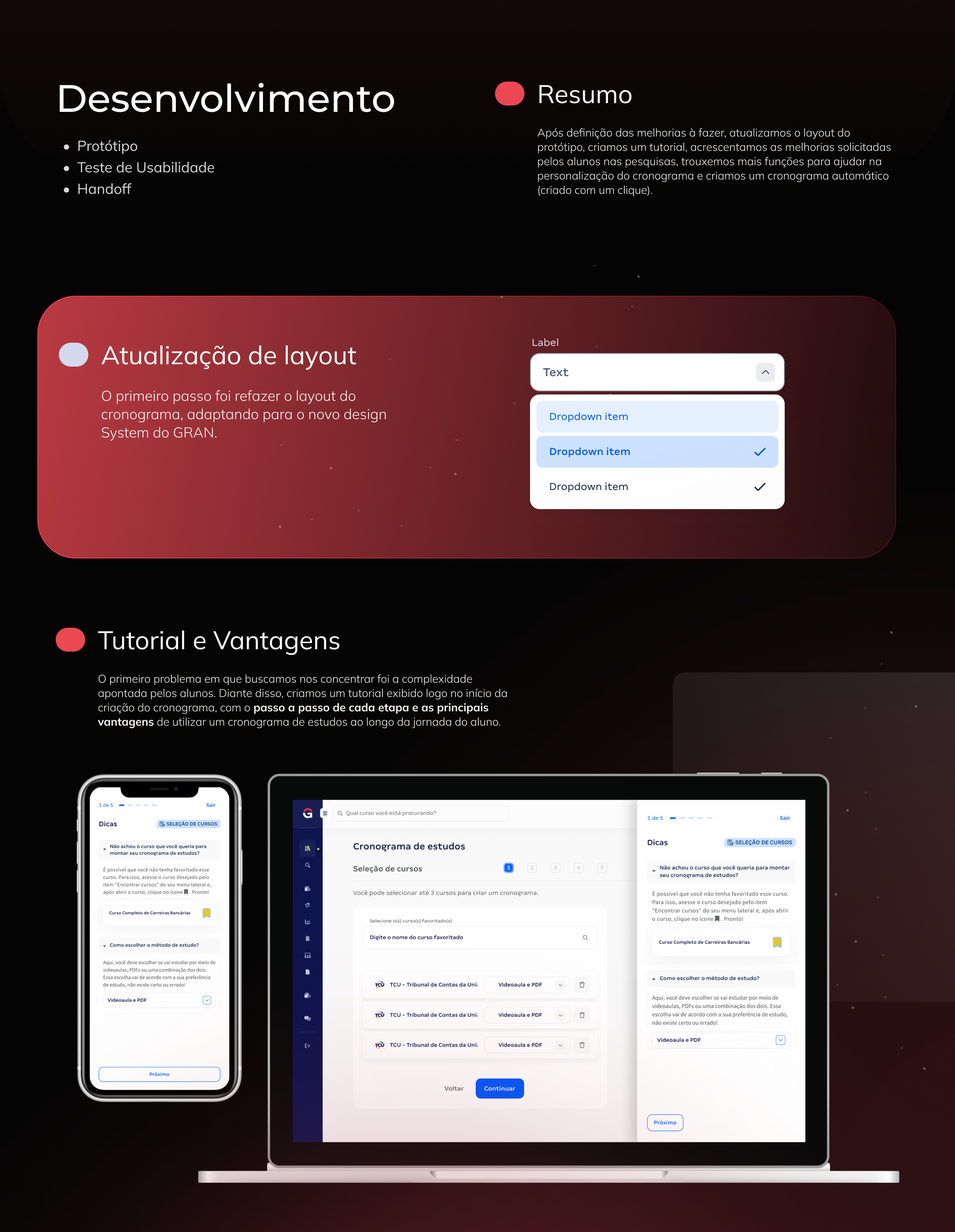 Desenvolvimento, atualização de layout e tutorial e vantagens