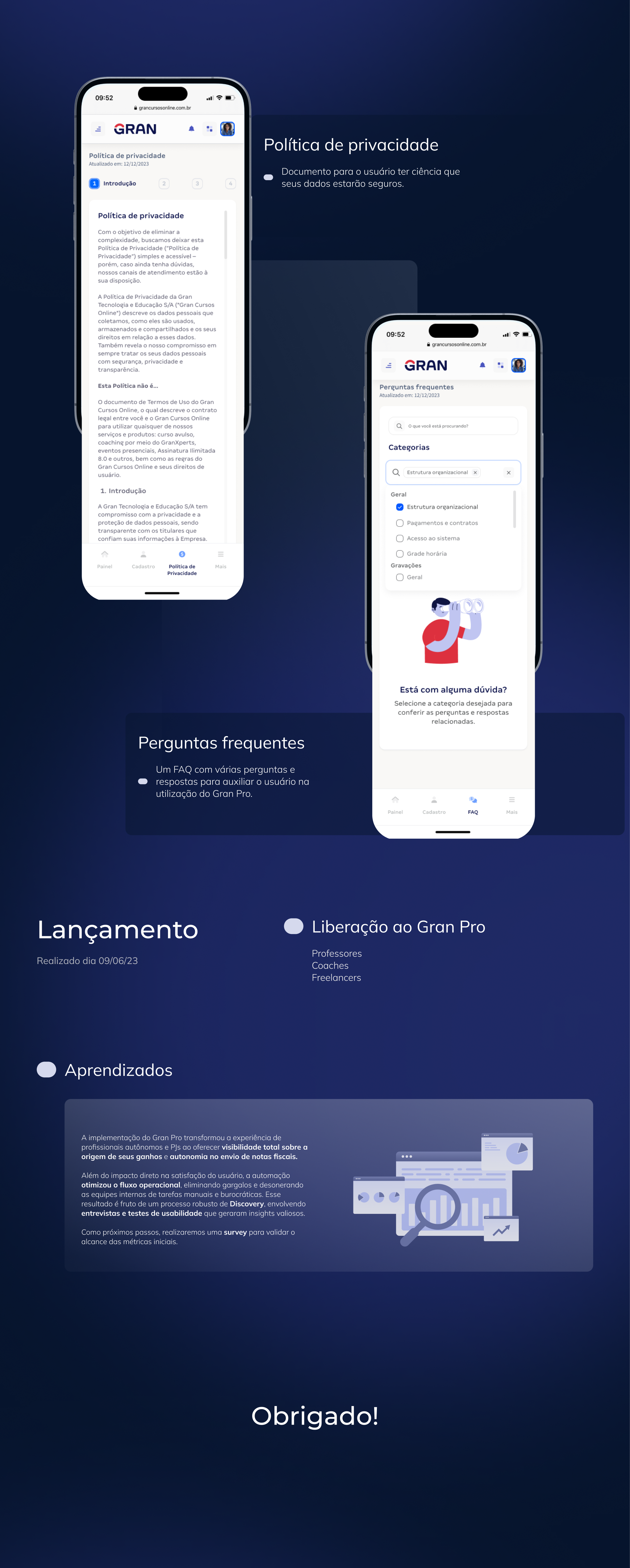 Política de privacidade, FAQ, Lançamento e Aprendizados