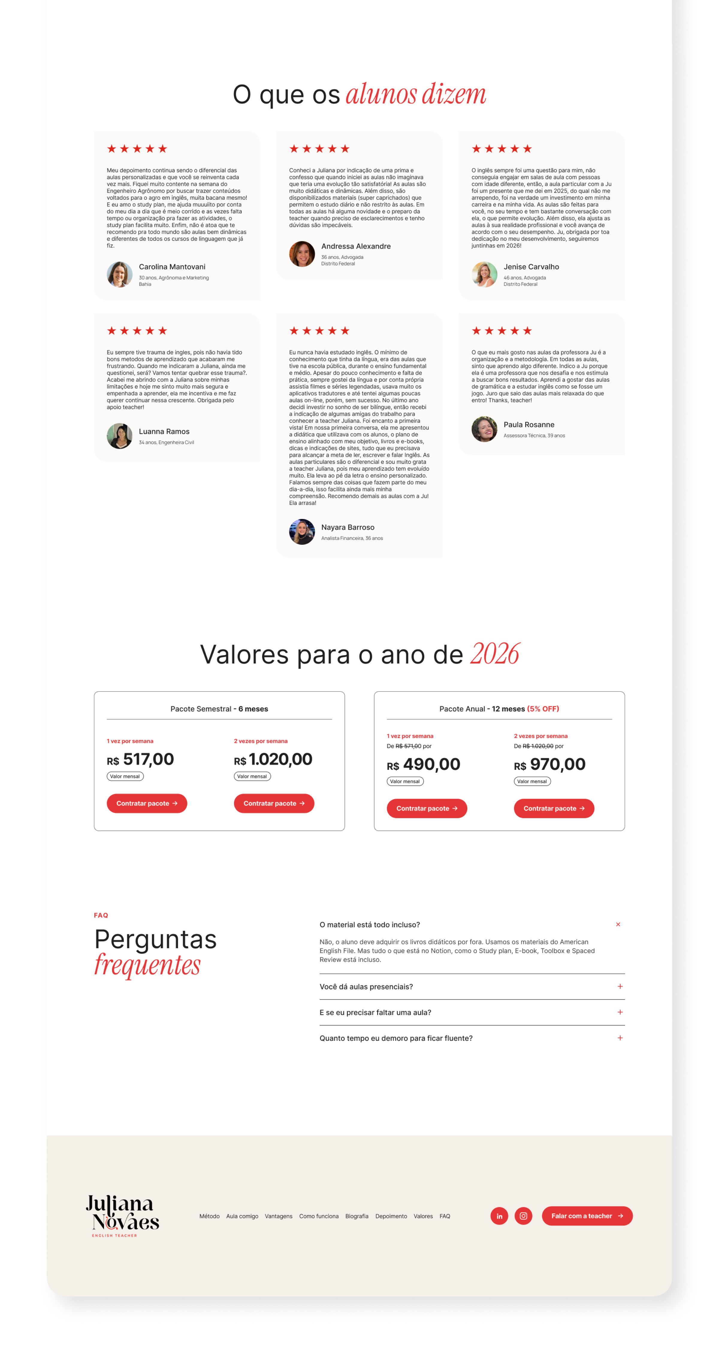 Depoimentos, valores e FAQ